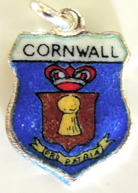 Cornwall ENGLAND Coat of Arms Vintage Silver Enamel Travel Shield Charm - Click Image to Close